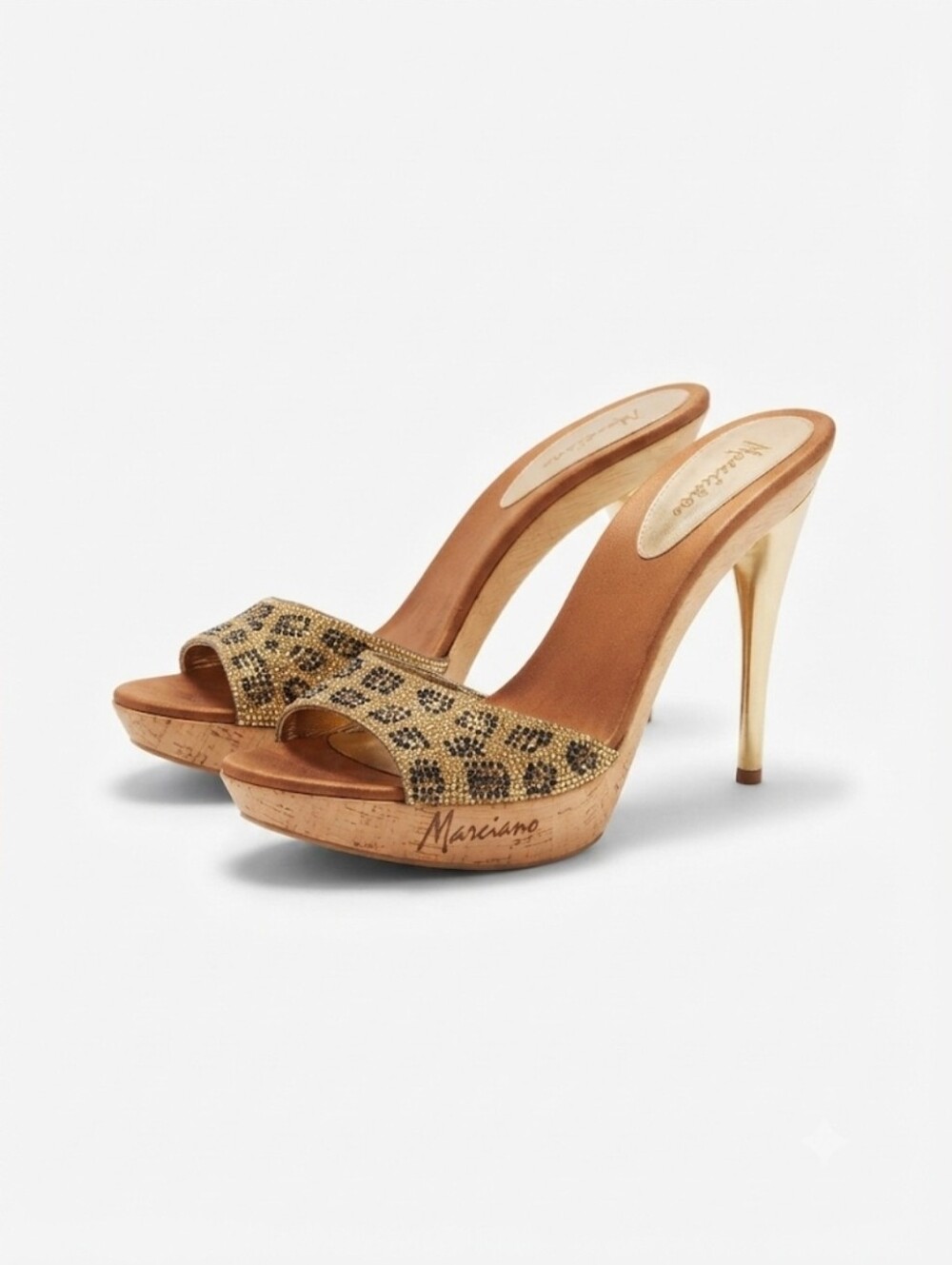 Y2K Marciano Gold and Tan Embellished Wooden Platform Mules Size 7.5